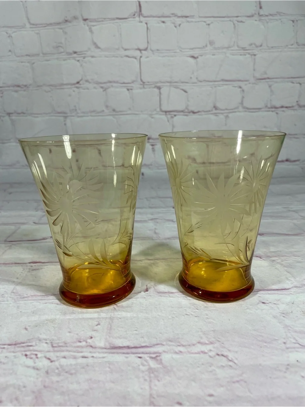 Vintage Amber Glass Etched Floral Tumbler Pair